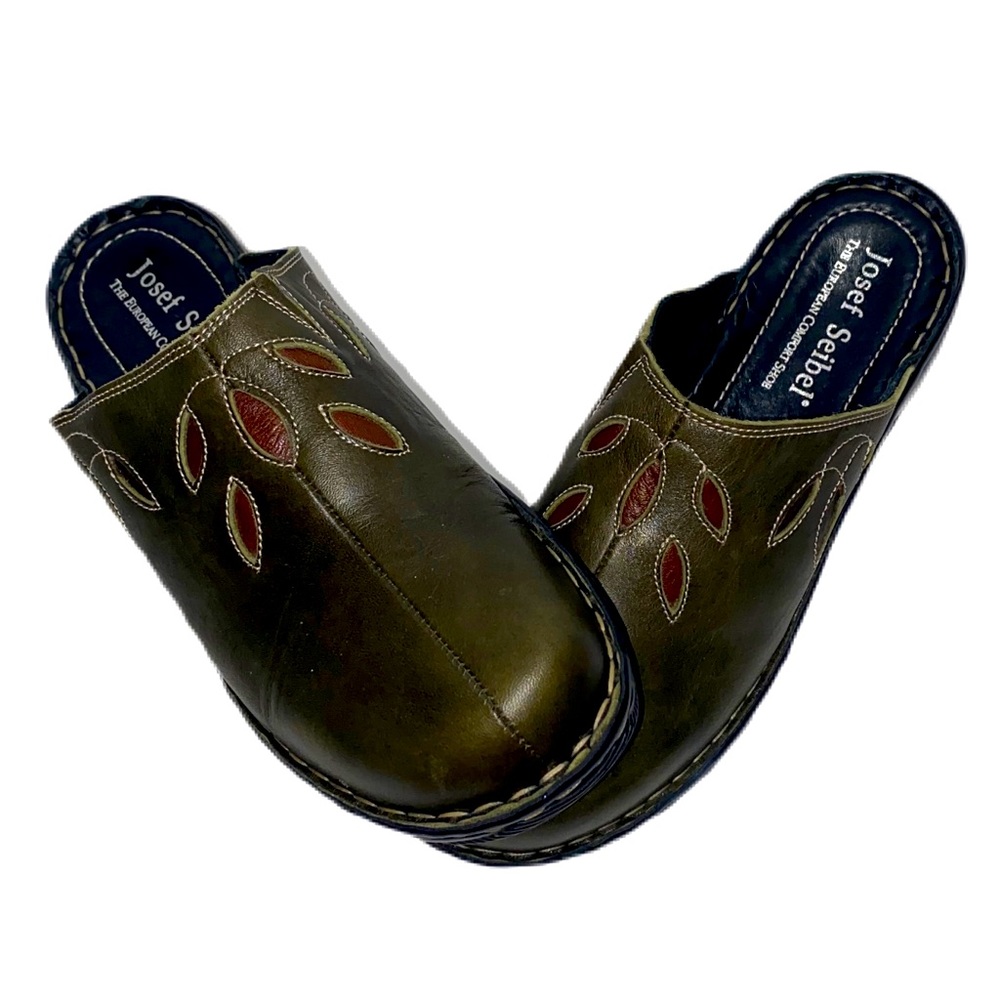 Josef Seibel Olive Green Leather Slide On Clogs
